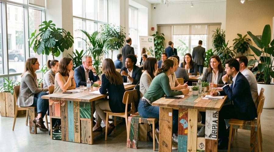 Des femmes et des hommes participent à un événement professionnel écoresponsable dans un lieu lumineux entouré de végétation et aménagé avec des matériaux réemployés.