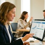Une dirigeante de PME analyse un tableau de bord RH sur un ordinateur dans un bureau lumineux, tandis qu’une petite équipe se réunit en arrière-plan.