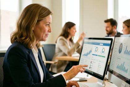 Une dirigeante de PME analyse un tableau de bord RH sur un ordinateur dans un bureau lumineux, tandis qu’une petite équipe se réunit en arrière-plan.