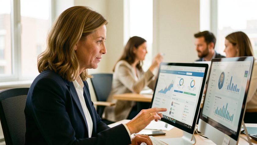 Une dirigeante de PME analyse un tableau de bord RH sur un ordinateur dans un bureau lumineux, tandis qu’une petite équipe se réunit en arrière-plan.