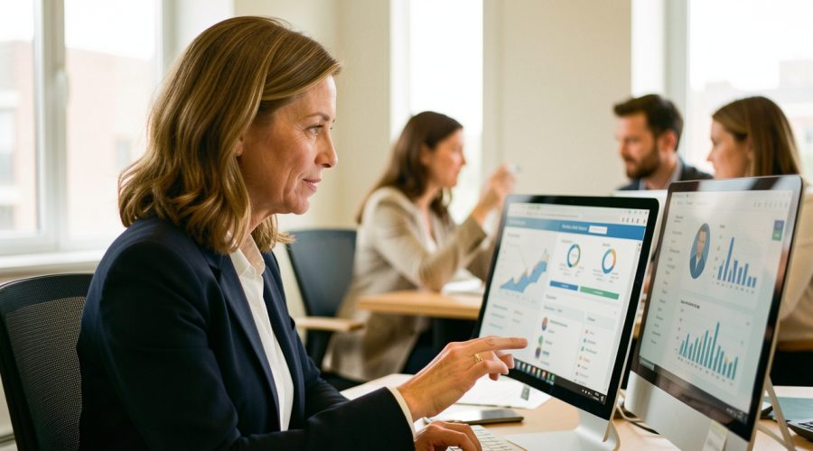 Une dirigeante de PME analyse un tableau de bord RH sur un ordinateur dans un bureau lumineux, tandis qu’une petite équipe se réunit en arrière-plan.