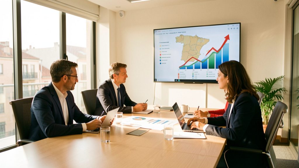 Réunion professionnelle de quatre dirigeants français et espagnols dans un bureau lumineux à Madrid, avec une carte stylisée de l’Espagne et des graphiques de croissance abstraits sur un écran.