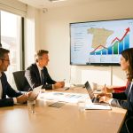 Réunion professionnelle de quatre dirigeants français et espagnols dans un bureau lumineux à Madrid, avec une carte stylisée de l’Espagne et des graphiques de croissance abstraits sur un écran.