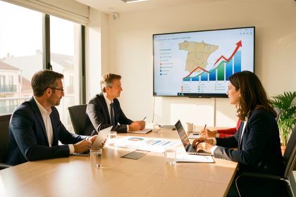 Réunion professionnelle de quatre dirigeants français et espagnols dans un bureau lumineux à Madrid, avec une carte stylisée de l’Espagne et des graphiques de croissance abstraits sur un écran.