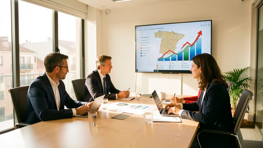 Réunion professionnelle de quatre dirigeants français et espagnols dans un bureau lumineux à Madrid, avec une carte stylisée de l’Espagne et des graphiques de croissance abstraits sur un écran.