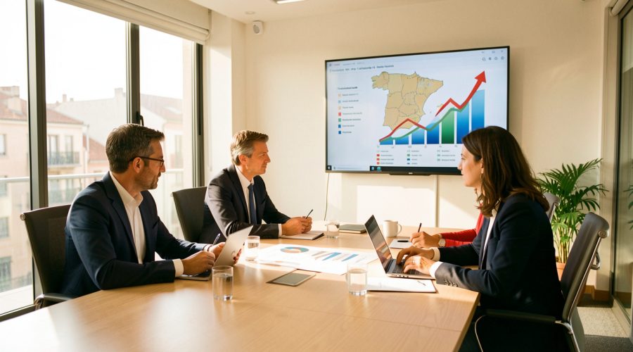 Réunion professionnelle de quatre dirigeants français et espagnols dans un bureau lumineux à Madrid, avec une carte stylisée de l’Espagne et des graphiques de croissance abstraits sur un écran.