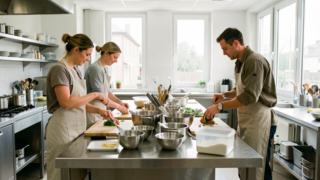 Cuisine professionnelle partagée lumineuse près d’Angers, avec deux femmes et un homme entrepreneurs alimentaires travaillant sur des postes en inox équipés.