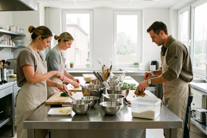 Cuisine professionnelle partagée lumineuse près d’Angers, avec deux femmes et un homme entrepreneurs alimentaires travaillant sur des postes en inox équipés.