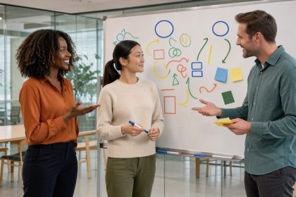 Une équipe diverse composée de deux femmes et d’un homme échange autour d’un tableau collaboratif dans des bureaux modernes et lumineux.