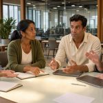 Équipe diversifiée échangeant autour d’une table lumineuse dans un espace de travail moderne et ouvert.