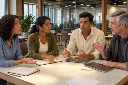 Équipe diversifiée échangeant autour d’une table lumineuse dans un espace de travail moderne et ouvert.