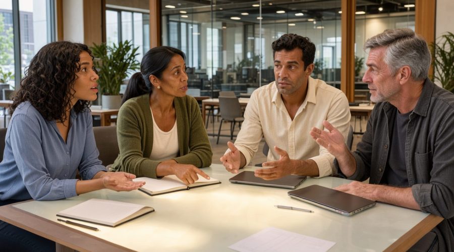 Équipe diversifiée échangeant autour d’une table lumineuse dans un espace de travail moderne et ouvert.