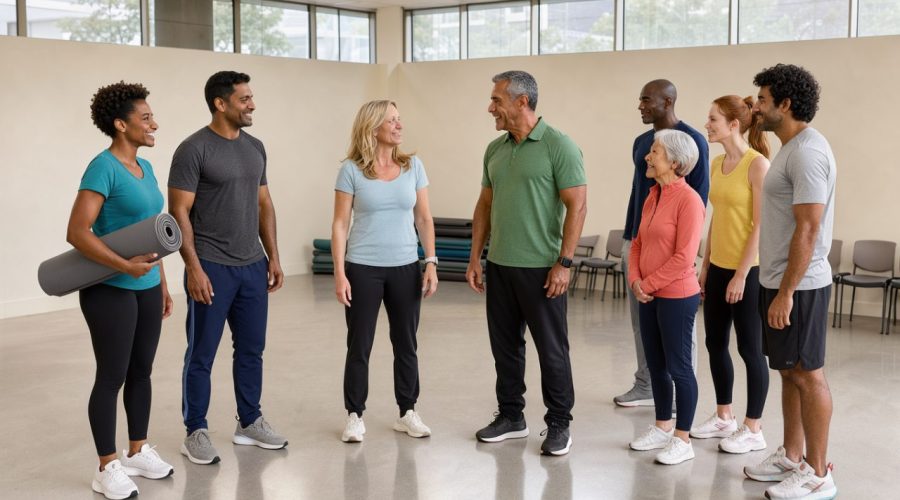 Groupe diversifié de femmes et d’hommes en tenue de sport légère, réunis dans une salle polyvalente d’entreprise avant une activité collective, dans une ambiance professionnelle et inclusive.